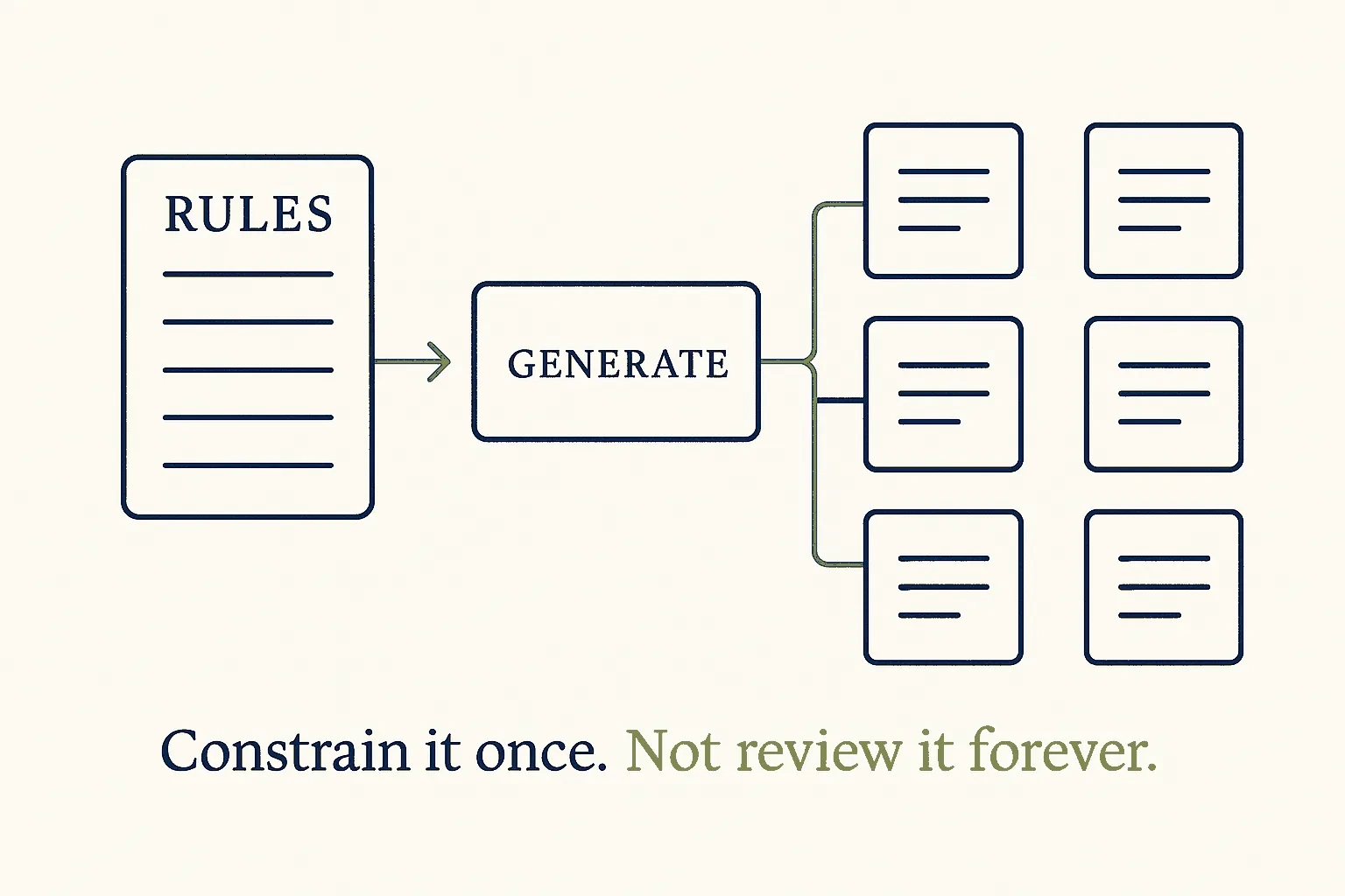 A panel of rules feeds a generator, which produces an orderly set of output blocks; one rule is traced through to the block it constrained.